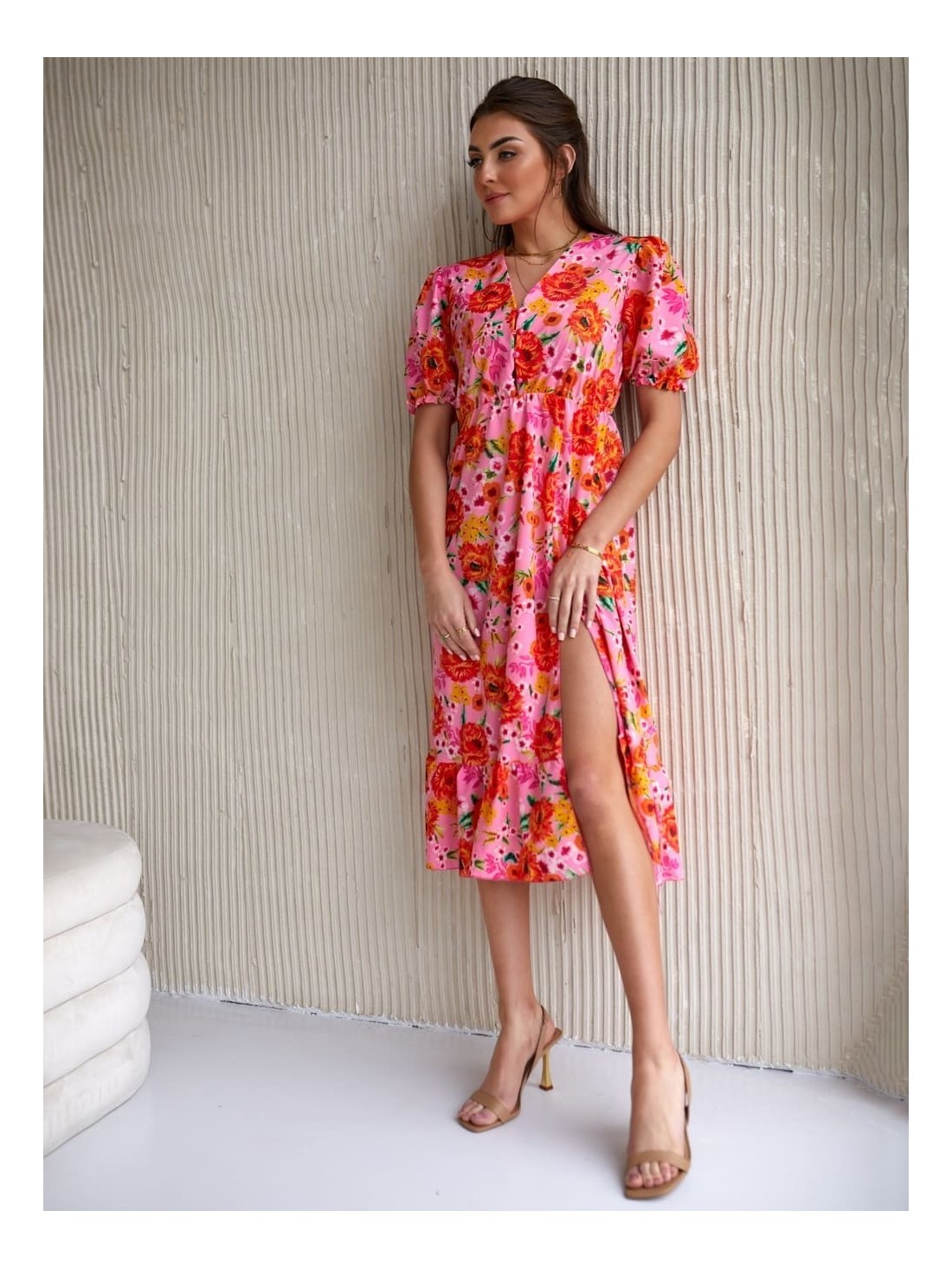 Floral dress with ruffles, pink and orange 8107 - Online store - Boutique